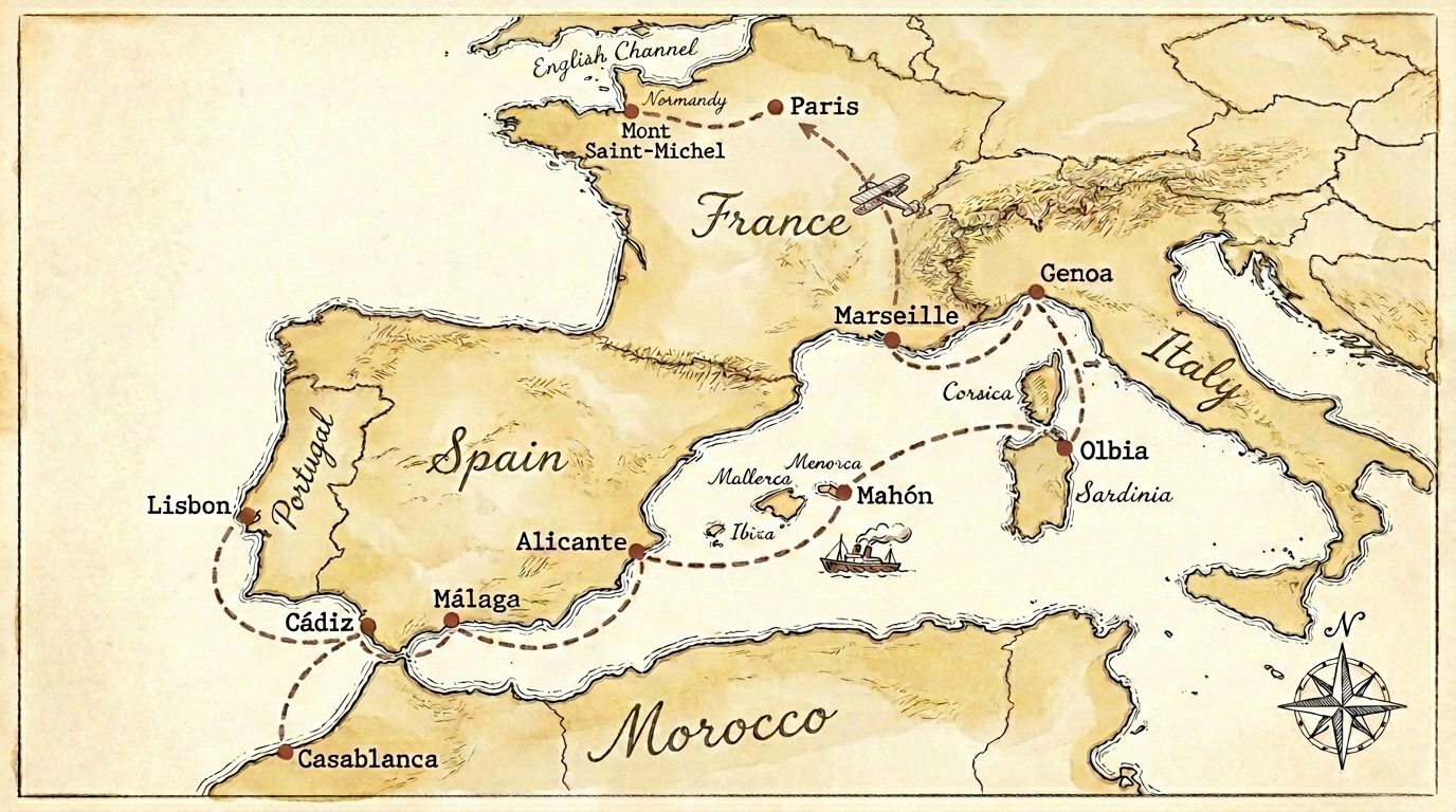 Hand-drawn map of the route — Casablanca → Málaga → Cádiz → Lisbon → Alicante → Mahón → Olbia → Genoa → Marseille → Paris → Mont Saint-Michel.
